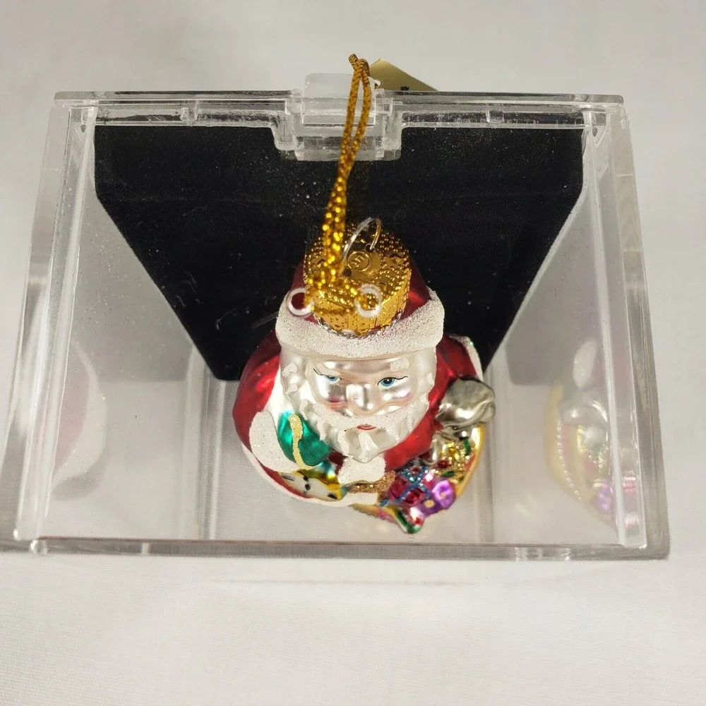 Sterling Designers Studio Hand Crafted Glass Christmas Ornament Santa w/ Toy Bag